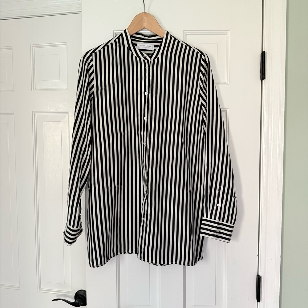 Everlane Black and White Striped Silk button down tunic